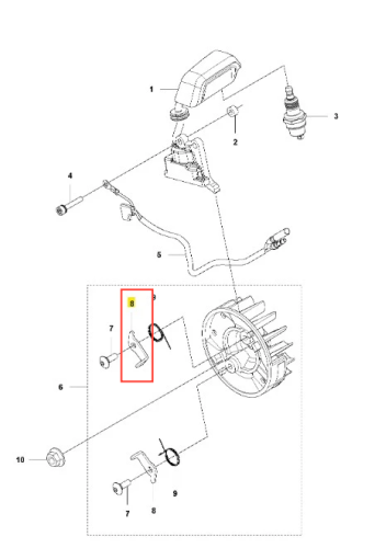 Zapadka dmuchawy 525BX Husqvarna, z metalowego materiału, w kształcie litery L, znajduje się na białym tle. Ujęcie w zbliżeniu pokazuje detale konstrukcji oraz mocowanie. Produkt ma wyraźne krawędzie i nie zawiera widocznych napisów ani logo.