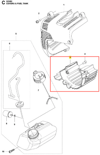 Płyta dmuchawy 525BX Husqvarna w kolorze czarnym, wykonana z tworzywa, z wyraźnie zaznaczonymi otworami wentylacyjnymi i zarysami. Ujęcie w zbliżeniu, ukazujące szczegóły kształtu i konstrukcji, bez widocznych dodatkowych elementów.