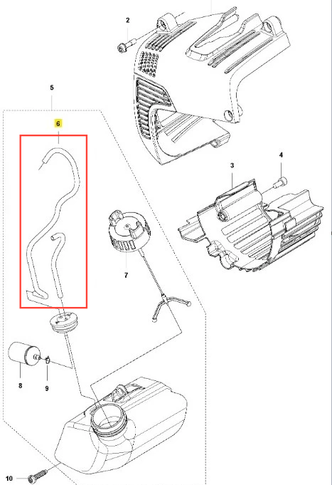 Rura dmuchawy 525BX Husqvarna w kolorze czarnym, o giętej konstrukcji. Produkt widoczny z boku, w pozycji leżącej. Posiada wyraźne detale oraz oznaczenia. Idealna do zintegrowania z systemem oddechowym urządzenia Husqvarna.