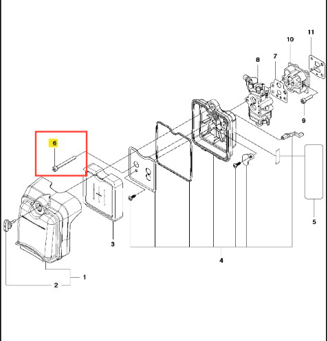 Śruba dmuchawy 530BT Husqvarna, metaliczna, prosta, o cienkiej, cylindrycznej formie. Widok z boku, zaznaczona na schemacie. Element do montażu, kluczowy w systemie dmuchawy. Tło białe, graficzny rysunek części.