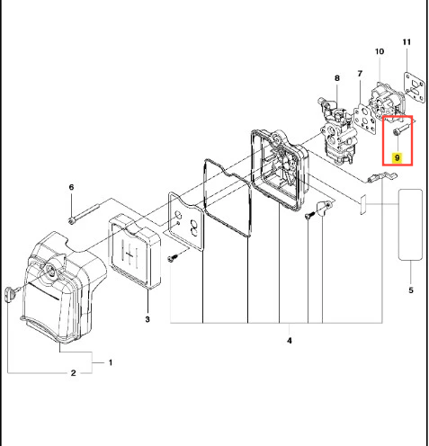 Śruba dmuchawy 530BT Husqvarna metaliczna z widocznym gwintem, widok z boku. Przeznaczona do stabilnego mocowania, wysokiej jakości, polecana do napraw. W tle inne części urządzenia.