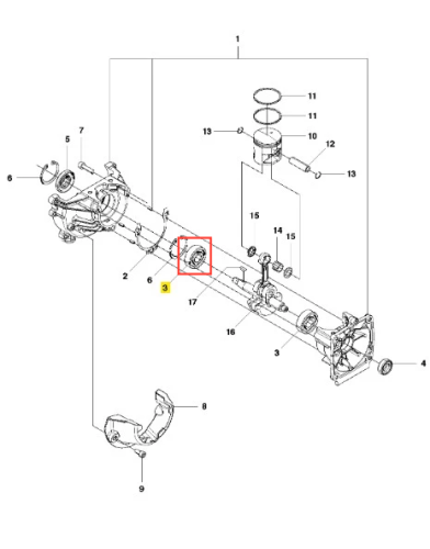 Łożysko dmuchawy 530BT Husqvarna, okrągłe, z metalowym pierścieniem, umiejscowione na schemacie w centralnej części. Widoczne oznaczenia numeryczne obok elementów. Na białym tle, z szczegółowym ujęciem detali.