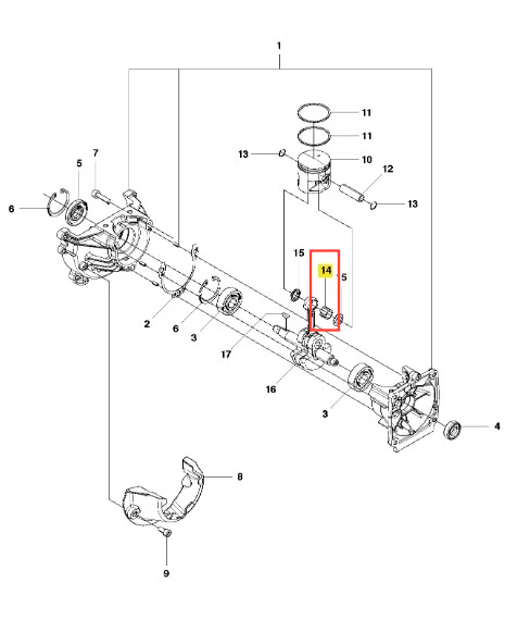 Łożysko igiełkowe dmuchawy 530BT Husqvarna w kolorze metalicznym, wyraźnie zaznaczone na schemacie z numerem 14. Widok z boku, na tle technicznego rysunku. Element ma cylindryczny kształt, składający się z cienkich igieł i pierścienia.