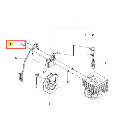 Śruba dmuchawy 530BT Husqvarna w kolorze metalicznym, o cylindrycznym kształcie. Zbliżenie na gwint i główkę w kształcie sześciokąta. Widoczna na schemacie montażowym, w kontekście połączenia z innymi elementami silnika.