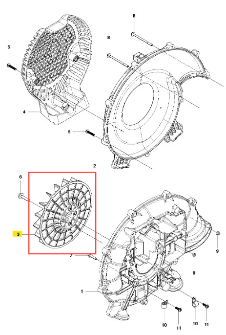 Zbliżenie na wirnik wentylatora dmuchawy 530BT Husqvarna, widoczne detale łopatek oraz centralnego otworu. Element w kolorze szarym, o okrągłym kształcie z ząbkowanym brzegiem, umieszczony w kontekście części obudowy.