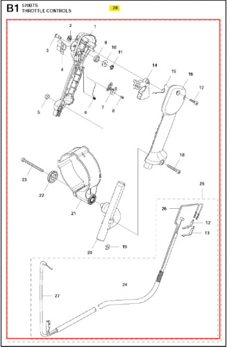 Dźwignia dmuchawy 570BFS Husqvarna, częściowa ilustracja, przedstawiająca mechaniczną dźwignię w prostej pozycji, detale montażowe i numerowe oznaczenia, na białym tle, z wyraźnymi liniami konturowymi dla lepszej identyfikacji.