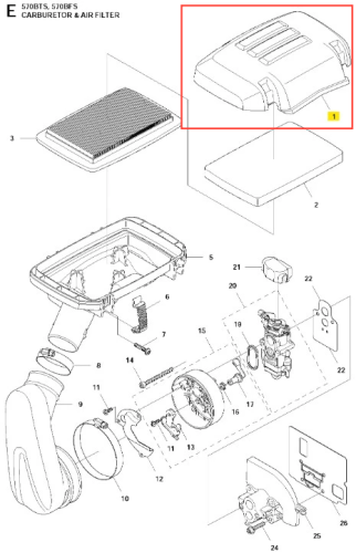 Osłona filtra powietrza dmuchawy 570BFS Husqvarna, w kolorze szarym, ma zaokrąglone krawędzie i widoczne żłobienia. Ujęcie z góry, ukazujące produkt w pozycji leżącej. W tle prosty, jasny schemat. Bez czytelnych napisów lub logo.