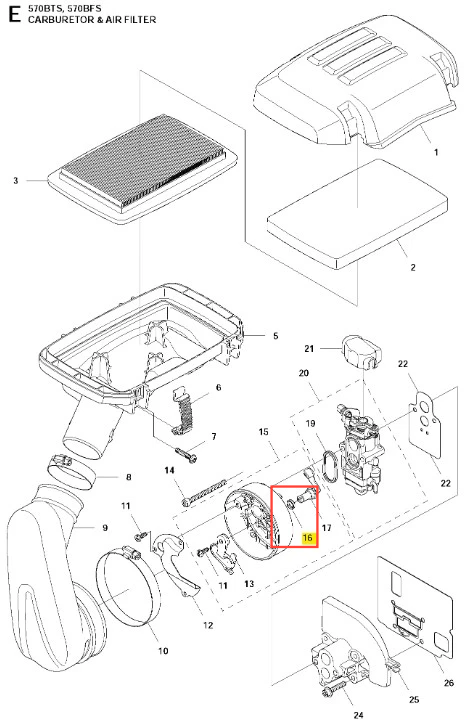 O-ring czarny do dmuchawy 570BFS Husqvarna, okrągły uszczelniacz silnika, kluczowy do szczelności, odporny na paliwo i olej, widoczny na schemacie.