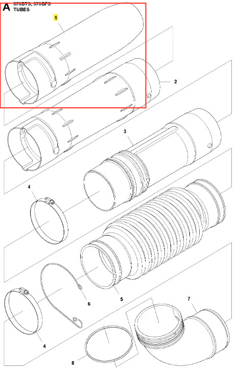 Rura dmuchawy 570BFS Husqvarna, cylindryczna, w kolorze szarym, z widocznymi złączkami i szwami. Produkt ukazany z boku, w pozycji leżącej, na białym tle. Widoczne detale to: gładka tekstura, brak napisów. Rura dostępna jako pojedynczy element.