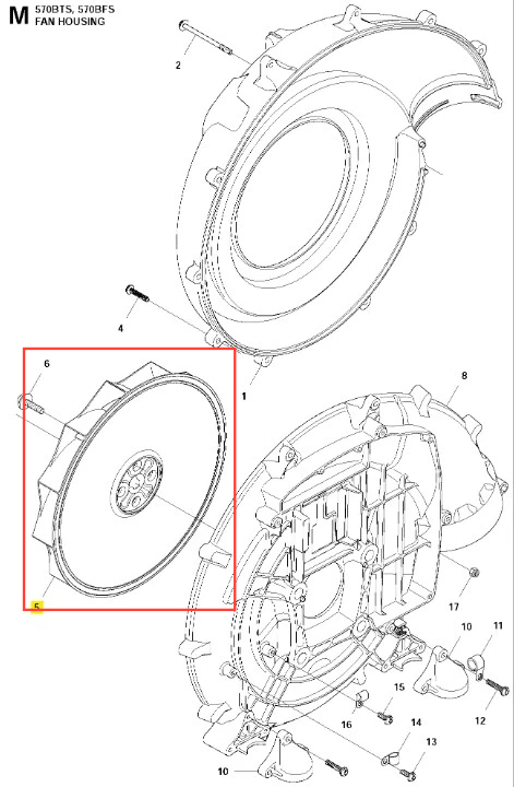 Obudowa wentylatora dmuchawy Husqvarna 570BFS, zółta, z widocznymi elementami mocującymi oraz okrągłym wlotem powietrza. Prezentowana pod kątem, ukazuje szczegóły konstrukcyjne. Idealna do użytku w ogrodach i przestrzeniach zewnętrznych.