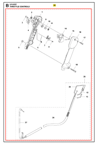 Dźwignia do dmuchawy 578BTF Husqvarna, widok z przodu, skręcona z elementami mocującymi. Lekka konstrukcja z tworzywa sztucznego, biała z szarymi detalami. Zawiera mechanizm sterujący oraz widoczne otwory montażowe.