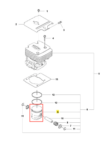 Tłok dmuchawy 578BTF Husqvarna, metaliczny, cylindryczny. Zbliżenie górnej części z przetłoczeniami. Ustawiony pionowo na białym tle, bez akcesoriów.