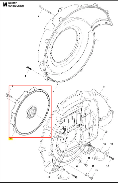 Obudowa wentylatora 578BTF Husqvarna w kolorze szarym, widok z góry. Produkt pokazany w układzie rozłożonym, z widocznymi detalami mocowania i otworem wentylacyjnym. Tło proste, białe, co podkreśla szczegóły konstrukcyjne obudowy.