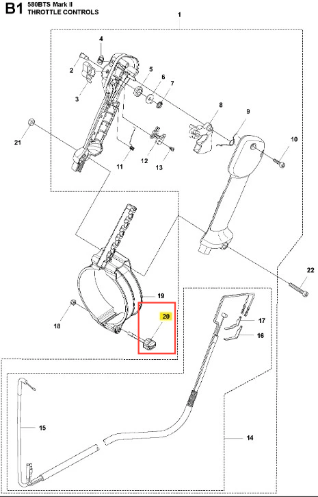 Szare pokrętło dmuchawy Husqvarna 580BFS z tworzywa, widok boczny pokazujący gładką powierzchnię, wyraźne oznaczenia, montaż i ząbkowanie do regulacji na jasnym tle.