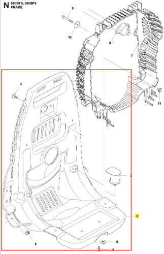 Szara rama dmuchawy 580BFS Husqvarna z otworami wentylacyjnymi i wyprofilowaniem, leżąca na białym tle. Widoczne mocowania i panel sterujący zapewniające stabilność i funkcjonalność.