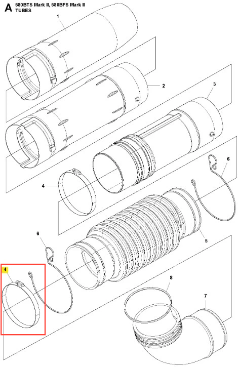 Zacisk do dmuchawy 580BFS Husqvarna w formie okrągłej, metalowej części o gładkiej, srebrnej powierzchni. Zawiera widoczne mocowania oraz otwory na końcach. Element leżący na białym tle, zbliżony widok ujawnia detale konstrukcyjne i kształt.