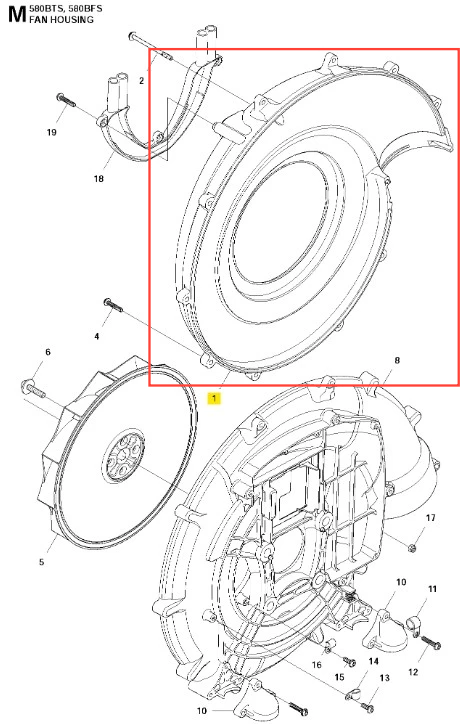 Kierownica spiralna dmuchawy 580BFS Husqvarna w widoku z boku, ukazana w pozycji pionowej. Element wykonany z tworzywa sztucznego o gładkiej fakturze, w kolorze szarym. Widoczne podzespoły i mocowania, logo Husqvarna na obwodzie. Tło białe, proste.