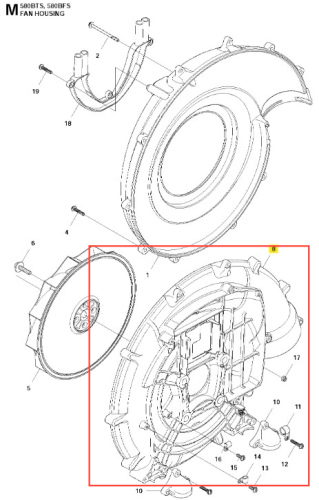 Kierownica spiralna dmuchawy Husqvarna 580BFS, w kolorze czarnym, o okrągłym kształcie. Widok z przodu, z drobnymi detalami mocowań na obrzeżach i widocznymi oznaczeniami wewnątrz. Tło proste, białe.