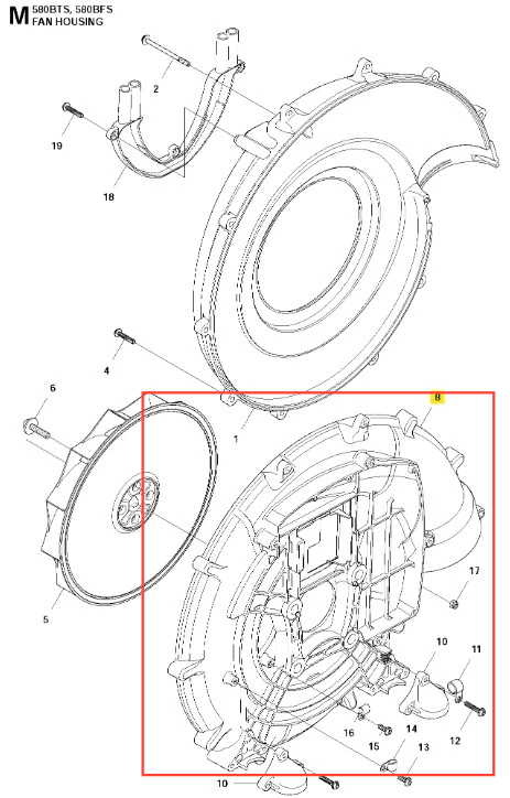 Kierownica spiralna dmuchawy Husqvarna 580BFS, w kolorze czarnym, o okrągłym kształcie. Widok z przodu, z drobnymi detalami mocowań na obrzeżach i widocznymi oznaczeniami wewnątrz. Tło proste, białe.