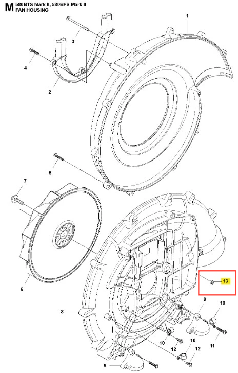Nakrętka dmuchawy 580BFS Husqvarna, metalowa, w kolorze srebrnym. Zbliżenie na detale mocowania z wyraźnymi gwintami. Produkt leży na płaskiej powierzchni, z widocznymi oznaczeniami numeru katalogowego, otoczenie proste, na białym tle.