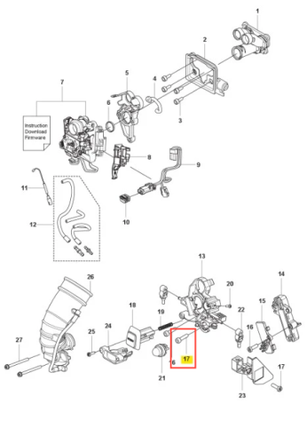 Śruba dmuchawy Husqvarna 590BFS, metalowa, w kolorze srebrnym, z gwintem. Widok z góry, leżąca poziomo na tle schematu montażowego. Używana do mocowania elementów dmuchawy, z czytelnym numerem części 17.
