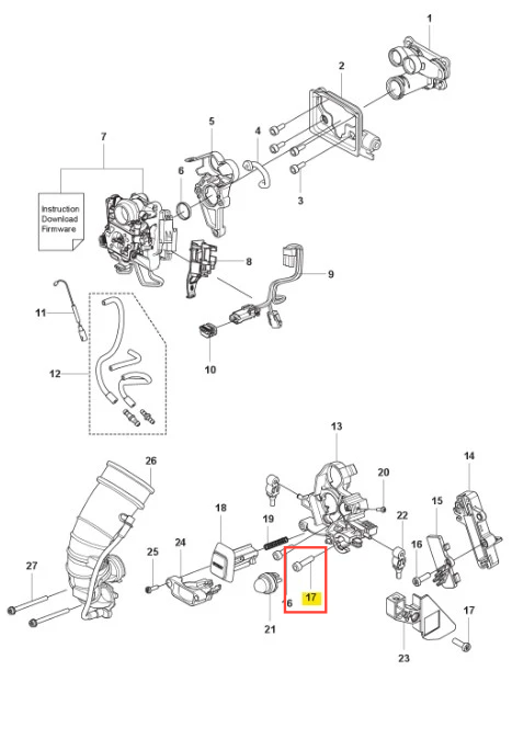 Śruba dmuchawy Husqvarna 590BFS, metalowa, w kolorze srebrnym, z gwintem. Widok z góry, leżąca poziomo na tle schematu montażowego. Używana do mocowania elementów dmuchawy, z czytelnym numerem części 17.