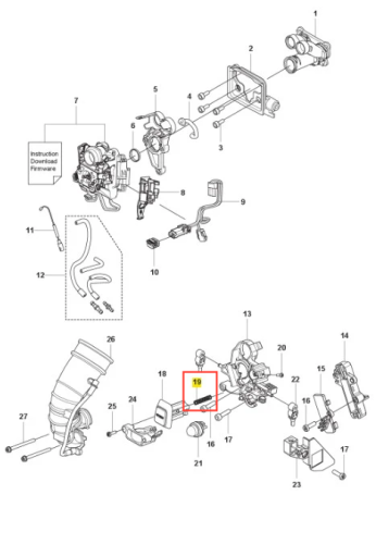 Sprężyna wykaszarki 545RXT Husqvarna, metalowa, o cylindrycznym kształcie, z wyraźnymi detalami mocowania. Widoczna z boku, na prostym tle. Element 19 zaznaczony na schemacie, istotny dla montażu. Opis zawiera kluczowe informacje o produkcie.
