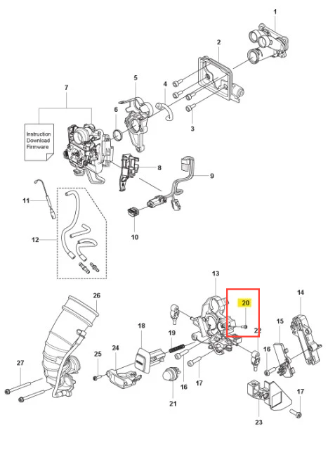 Metalowa śruba dmuchawy 590BFS Husqvarna o cylindrycznym kształcie z gwintem i główką na dole, widoczna z boku na białym tle. Numer katalogowy 20 wyróżniony na czerwono.
