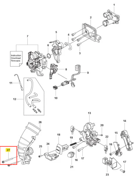 Śruba dmuchawy 590BFS Husqvarna, metalowa, jasnoszara, z gwintem, o cylindrycznym kształcie. Widoczna na schemacie części, ujęta w zbliżeniu. Służy do mocowania elementów dmuchawy, umieszczona w kontekście montażu z innymi częściami.