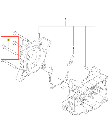 Śruba dmuchawy 590BFS Husqvarna, metalowa, prostokątna, z widoczną gwintowaną częścią, o długości około 5 cm. Ujęcie z boku, w zbliżeniu, z uwydatnionymi detalami gwintu i główki. Produkt z grupy akcesoriów do urządzeń ogrodniczych.