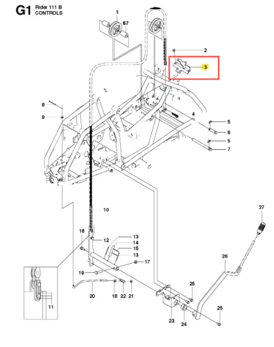 Metalowy wspornik ridera R 111B Husqvarna w pozycji bocznej z widocznym kablem i numerem części, na białym tle, z detalami mocowań. Idealny do montażu w sprzęcie ogrodniczym.