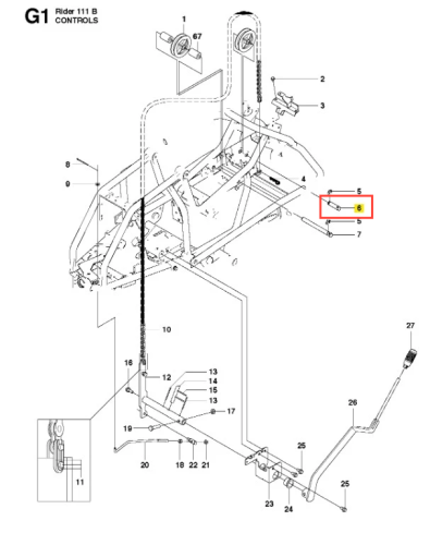 Trzonek ridera R 111B Husqvarna, metalowy, w kolorze czarnym, z metalowymi mocowaniami. Widok z boku, ukazuje szczegóły konstrukcji, w tym oznaczenia numerów części. Ułożony poziomo na prostym tle. Elementy sterujące i prowadzące są widoczne.