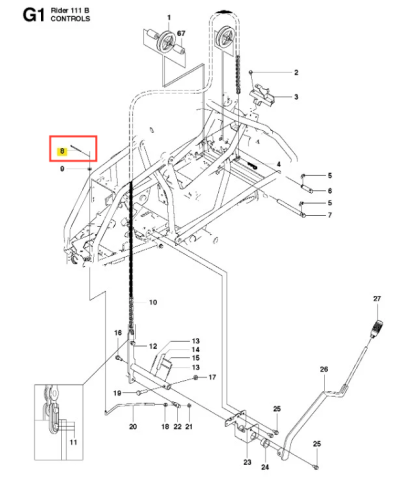 Zawleczka ridera R 111B Husqvarna w kolorze stali, leżąca na płaskiej powierzchni, z widocznymi mocowaniami i schematem montażowym. Do sprzętu ogrodniczego.