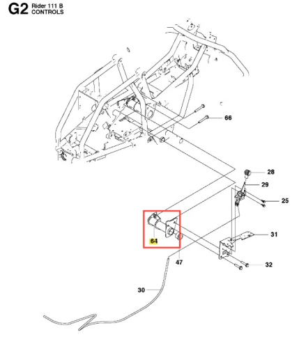 Metalowy wspornik ridera R 111B Husqvarna z widoczną częścią nr 64, o prostej formie i mocowaniach na neutralnym tle podkreślającym detale konstrukcyjne.