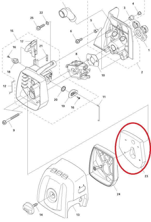 Czarny filtr powietrza do wykaszarki Husqvarna 336FR z tworzywa, z otworami wentylacyjnymi i logo producenta, przylegający do korpusu z perforacją zapewniającą przepływ powietrza.