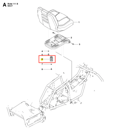 Sprężyna ridera R 111B Husqvarna w zbliżeniu, metalowa, spiralna, na schemacie fotela motorowego. Proste tło podkreśla detale elementu.
