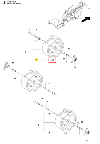 Zawór ridera R 111B Husqvarna, metalowy, w kolorze srebrnym. Produkt przedstawiony z góry, w układzie montażowym, z widocznymi oznaczeniami i numerami części. Szczegółowy widok na zawór umieszczony w czerwonym obramowaniu, ważny dla instalacji.