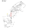Szary metalowy trzonek ridera R 111B Husqvarna widoczny z boku, z detalami mocowania, gniazdem i elementem stabilizującym na tle schematu z numeracją elementów.