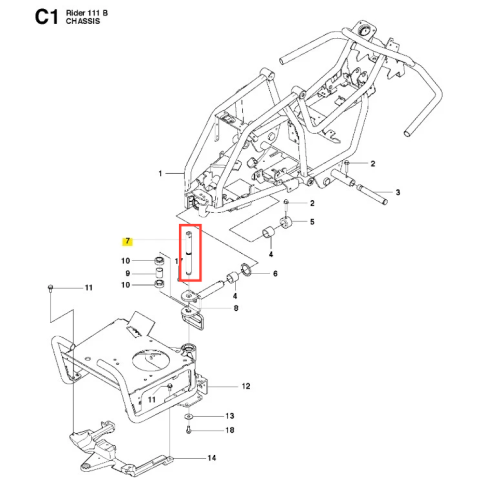 Szary metalowy trzonek ridera R 111B Husqvarna widoczny z boku, z detalami mocowania, gniazdem i elementem stabilizującym na tle schematu z numeracją elementów.