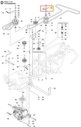 Metalowy, prostokątny wspornik ridera R 111B Husqvarna, widoczny z boku z czytelnymi numerami części. Biały, techniczny rysunek elementów układu transmisji, bez dekoracji.