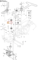 Śruba ridera R 111B Husqvarna, metalowa, cylindryczna, w kolorze stalowym. Widoczna w pozycji poziomej, z detalami gwintu. Obok schemat montażowy z numeracją części. Produkt w otoczeniu elementów mechanizmu, na białym tle dla lepszej widoczności.