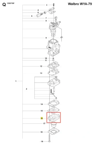 Korpus gaźnika dmuchawy 150BF Husqvarna, materiał plastikowy, o prostokątnym kształcie. Ujęcie z przodu, ukazuje szczegóły mocowania. Grafika na białym tle, wizualizacja części zamiennej z oznaczeniem numeru.