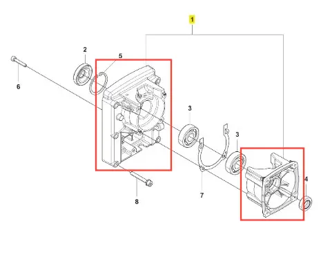 Skrzynia korbowa dmuchawy 150BF Husqvarna, widok z boku. Wyróżniająca się metalowa konstrukcja z wyraźnie zaznaczonym otworem na wirnik. Widoczne elementy mocujące oraz wyprofilowana krawędź. Logo Husqvarna nieczytelne. Na białym tle.