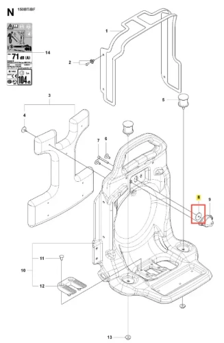 Podkładka dmuchawy 150BF Husqvarna w białym kolorze, widok z góry, leżąca na płaskiej powierzchni. Widoczne mocowania, ergonomiczny uchwyt, oraz otwory do montażu. Grafika techniczna z numerami części i symbolami. Minimalistyczne tło.