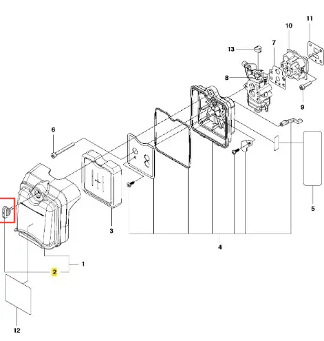Pokrętło dmuchawy 130BT Husqvarna, wykonane z ciemnego plastiku, widoczne z boku. Ma ergonomiczną formę z wyraźnymi oznaczeniami, umieszczone w zestawie z innymi elementami urządzenia. Element jest nowy, dobrze widoczny na schemacie.
