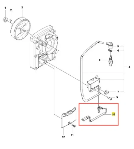 Linka dmuchawy Husqvarna 150BT, metalowa, w kształcie prostokątnym, z widocznym mocowaniem. Prezentowana z boku, w kontekście schematu montażowego. Oznaczenia i numery części w kolorze czarnym i żółtym. Na białym tle.