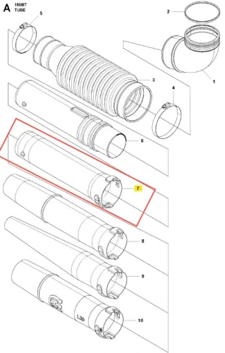 Rura dmuchawy 150BT Husqvarna, biała z szarymi detalami, cylindryczna, z widoczną końcówką i mocowaniem. Leży na jednolitym tle podkreślającym kontury. Numer serii wyraźnie oznaczony na produkcie.