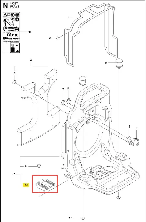 Rama 150BT Husqvarna w kolorze czarnym, prezentująca detale konstrukcyjne, widoczna z boku. Ujęcie ukazuje otwór na mocowanie oraz opisane elementy montażowe. Tło jest białe, co podkreśla szczegóły produktu.
