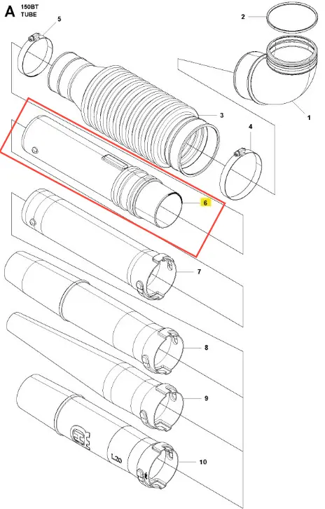 Rura dmuchawy 150BT Husqvarna w kolorze czarnym, cylindryczny kształt, z widocznymi otworami do mocowania. Produkt leży poziomo, ukazując detale mocowań na obu końcach. Tło proste, białe, umożliwia wyraźną prezentację szczegółów.