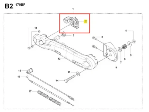 Dźwignia dmuchawy 170BT Husqvarna w kolorze czarnym, z plastikową obudową o opływowym kształcie. Widoczny detal w postaci mocowania. Produkt ułożony poziomo, na białym tle, prezentowany z boku. W tle widoczny schemat montażu z oznaczeniami.